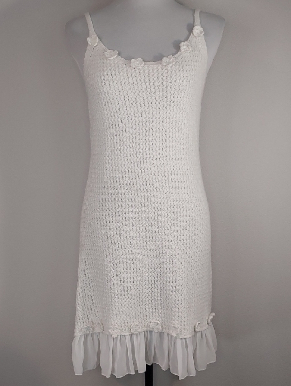 Cider White Knit Spaghetti Strap Flower Applique Chiffon Hem Slip Dress Size Med